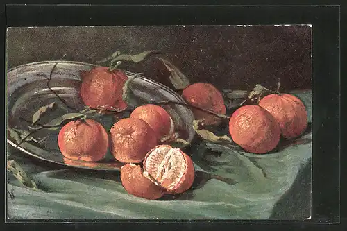 Künstler-AK Erpaco-Kunstverlag Nr. 11/2: Obststilleben mit Mandarinen und Zinnteller