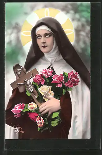 Foto-AK Leo, Paris Nr. 1700: Nonne mit Kreuz und Rosen
