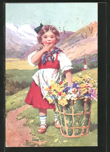 AK Mädchen mit Korb voller Blumen vor Bergpanorama