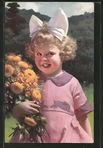 AK Kleines Mädchen mit Haarschleife und bunten Blumen