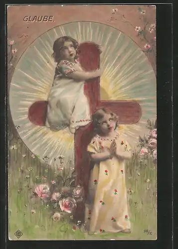 AK Glaube, betende Kinder und Kreuz, Allegorie