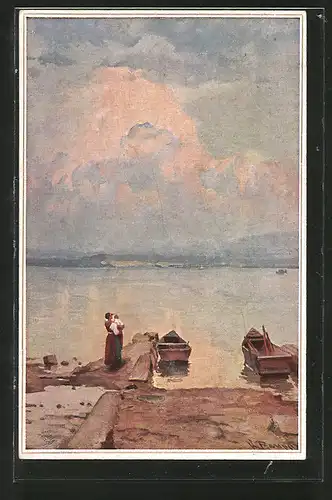 Künstler-AK Wohlgemuth & Lissner, Primus-Postkarte No. 5015: Vaters Heimkehr, Familie am Ufer