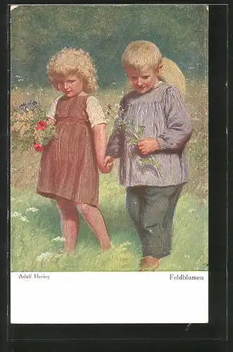 Künstler-AK Wohlgemuth & Lissner, Primus-Postkarte No. 3016: Feldblumen, kleines blondes Paar