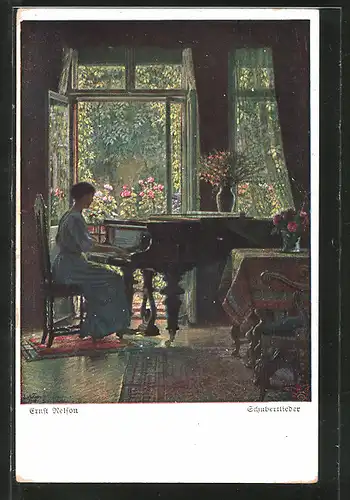 Künstler-AK Wohlgemuth & Lissner, Primus-Postkarte No. 3100: Schubertlieder, Dame am Flügel