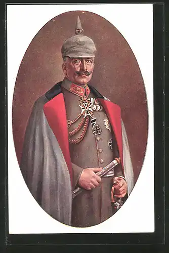 Künstler-AK Kaiser Wilhelm II. mit Pickelhaube-Überzug