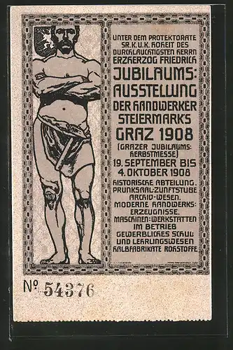 AK Graz, Jubiläums-Ausstellung d. Handwerker Steiermarks 1908, Handwerker mit Hammer, Wappen