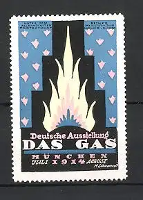 Künstler-Reklamemarke M. Schwarzer, München, Deutsche Ausstellung Das Gas 1914, Flamme und Ornamente