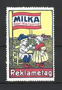 Reklamemarke Milka Edel Margarine, Reklametag, Kinder essen Brot mit Margarine am Ortsrand