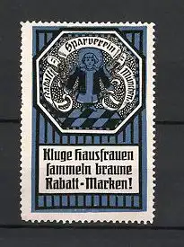 Reklamemarke München, Rabatt-Sparverein, Münchner Kindl mit Banner, blau-schwarz