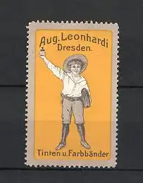 Reklamemarke Dresden, Tinten & Farbbänder Aug. Leonhardi, Knabe mit Tinte, gelb