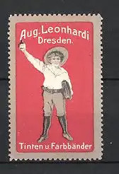 Reklamemarke Dresden, Tinten & Farbbänder Aug. Leonhardi, Knabe mit Tinte, rot