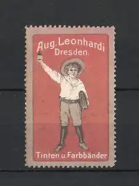 Reklamemarke Dresden, Tinten & Farbbänder Aug. Leonhardi, Schulknabe mit Tasche & Tinte, orange
