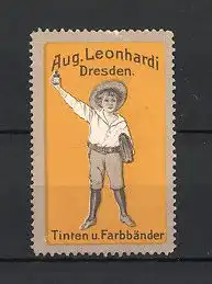 Reklamemarke Dresden, Tinten & Farbbänder Aug. Leonhardi, Knabe mit Schulranzen & Tinte, gelb