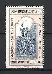 Reklamemarke Budapest, Millennium-Ausstellung 1896, Soldaten lassen ihren Heerführer hochleben, beige