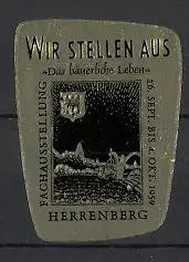 Präge-Reklamemarke Herrenberg, Fachausstellung "Das bäuerliche Leben" 1959, Pflug und Wappen