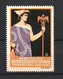 Reklamemarke München, Ausstellung Büro und Geschäftshaus 1913, Hermes mit Stab, lila