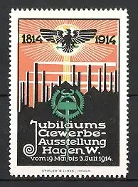 Reklamemarke Hagen, Jubiläums-Gewerbe-Ausstellung 1814-1914, Messelogo u. Adler