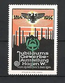 Reklamemarke Hagen, Jubiläums-Gewerbe-Ausstellung 1814-1914, Messelogo und Adler