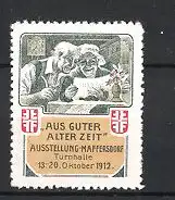 Reklamemarke Maffersdorf, Ausstellung "Aus guter alter Zeit" 1912, Grosseltern mit Wanduhr