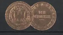 Präge-Reklamemarke München, Ausstellung Süddeutscher Drogisten 1913, Waage und Kreuz