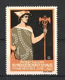 Reklamemarke München, Ausstellung "Büro und Geschäftshaus" 1913, Hermes mit Stab, grün