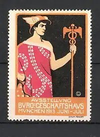 Reklamemarke München, Ausstellung "Büro und Geschäftshaus" 1913, Hermes mit Stab, rot