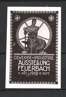 Reklamemarke Feuerbach, Gewerbe-und Industrie-Ausstellung 1912, Schmied mit Amboss und Hammer
