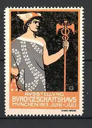 Reklamemarke München, Ausstellung "Büro und Geschäftshaus" 1913, Hermes mit Stab, grau