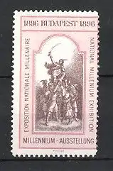 Reklamemarke Budapest, Millennium-Ausstellung 1896, Soldaten lassen Heerführer hochleben, rosa
