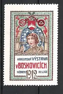 Reklamemarke Boskovicich, Krajinská Vystava 1912, Handwerker mit Hammer, Wappen