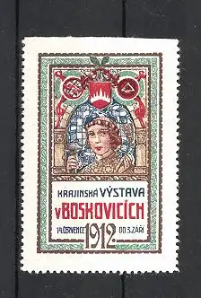 Reklamemarke Boskovicich, Krajinská Vystava 1912, Handwerker mit Hammer, Wappen