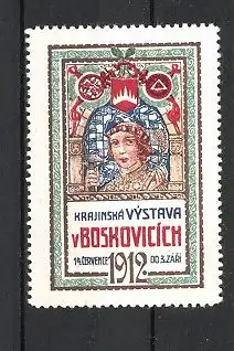 Reklamemarke Boskovicich, Krajinská Vystava 1912, Handwerker m. Hammer, Wappen