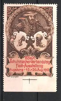 Reklamemarke Augsburg, VI. bayerischer Schuhmacher-Verbandstag 1913, Schuhmacher und Wappen