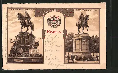 Lithographie Köln-Neustadt, Kaiser Wilhelm-Denkmal, Kaiser Friedrich-Denkmal, Doppelkopfadler