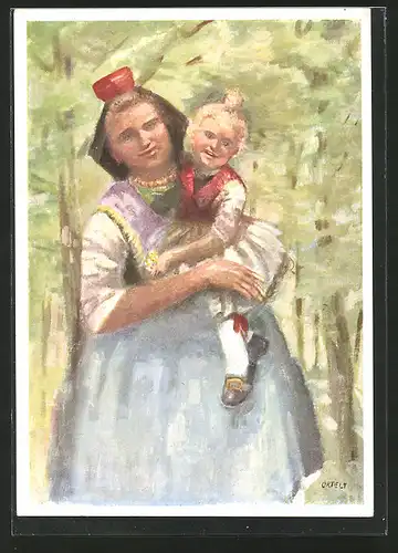 Künstler-AK Mutter mit ihrem Kind in Schwälmer Tracht