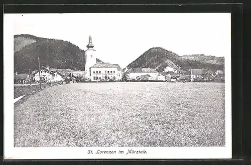 AK St. Lorenzen im Mürztale, Ortsansicht mit Kirche