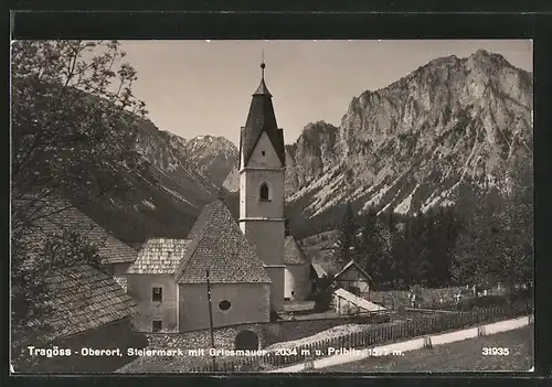 AK Tragöss, Kirche im Oberort mit Blick zur Griesmauer