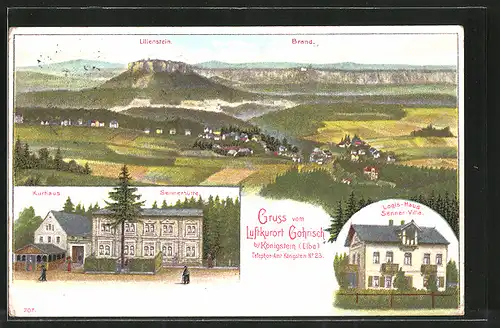 Lithographie Gohrisch, Pension Senner-Villa, Kurhaus, Sennerhütte, Panoramablick mit Lilienstein und Brand