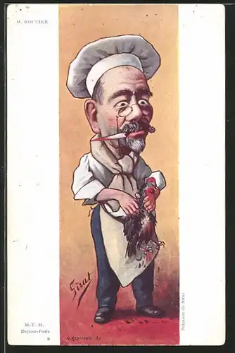 Künstler-AK Karikatur, Politiker Maurice Rouvier als Metzger mit einem toten Huhn in der Hand