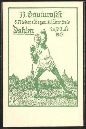 AK Dahlen, 33. Gauturnfest d. 8. Niederelbegau XIV. Turnkreis 1927, Kugelstosser