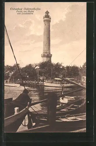 AK Swinemünde-Osternothafen, Partie am Hafen mit Leuchtturm, Boote