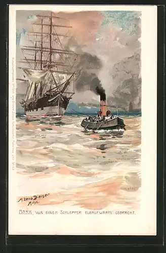 Künstler-Lithographie Zeno Diemer: Bark, von einem Schlepper Elbaufwärts gebracht, Segelschiff