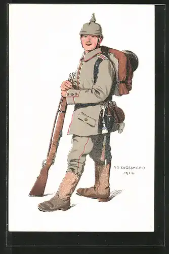 Künstler-AK P.O.Engelhard (P.O.E.): Infanterist in Feldgrau mit Marschgepäck und Pickelhaube