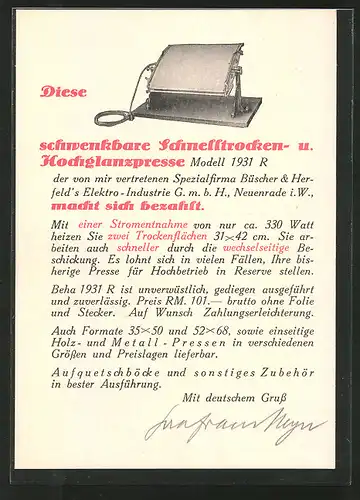 AK Reklame für schwenkbare Schnelltrocken- u. Hochglanzpresse Model 1931 R