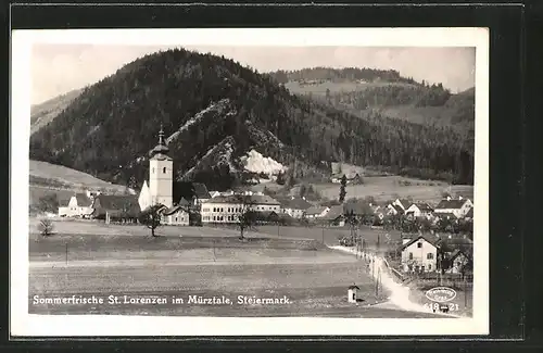 AK St. Lorenzen im Mürztale, Teilansicht mit Kirche und bewaldeten Hügeln