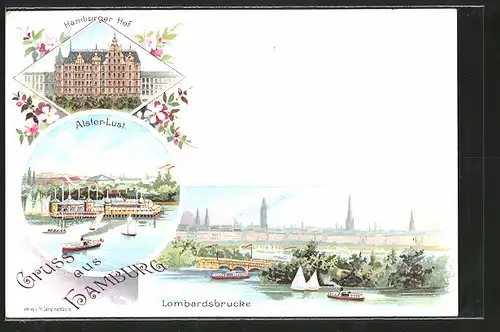 Lithographie Hamburg-St.Georg, Hotel Hamburger Hof an der Alster, Alster-Lust, Lombardsbrücke, Dampfer, Segelboote