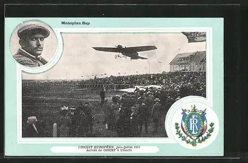 AK Utrecht, Monoplan Rep, Circuit Europeen 1911, Flugzeug-Pionier Gibert mit Flugzeug bei Landung