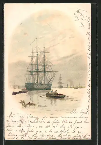 Lithographie Segelschiff und Ruderboot vor einer Küste