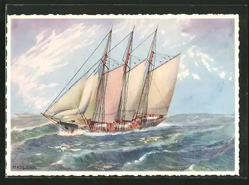 Künstler-AK Segelschiff kreuzt bei rauer See gegen den Wind