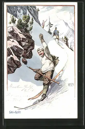 Künstler-AK Carl Moos: Ski-Heil!, Skisportler bei der Abfahrt im Gebirge